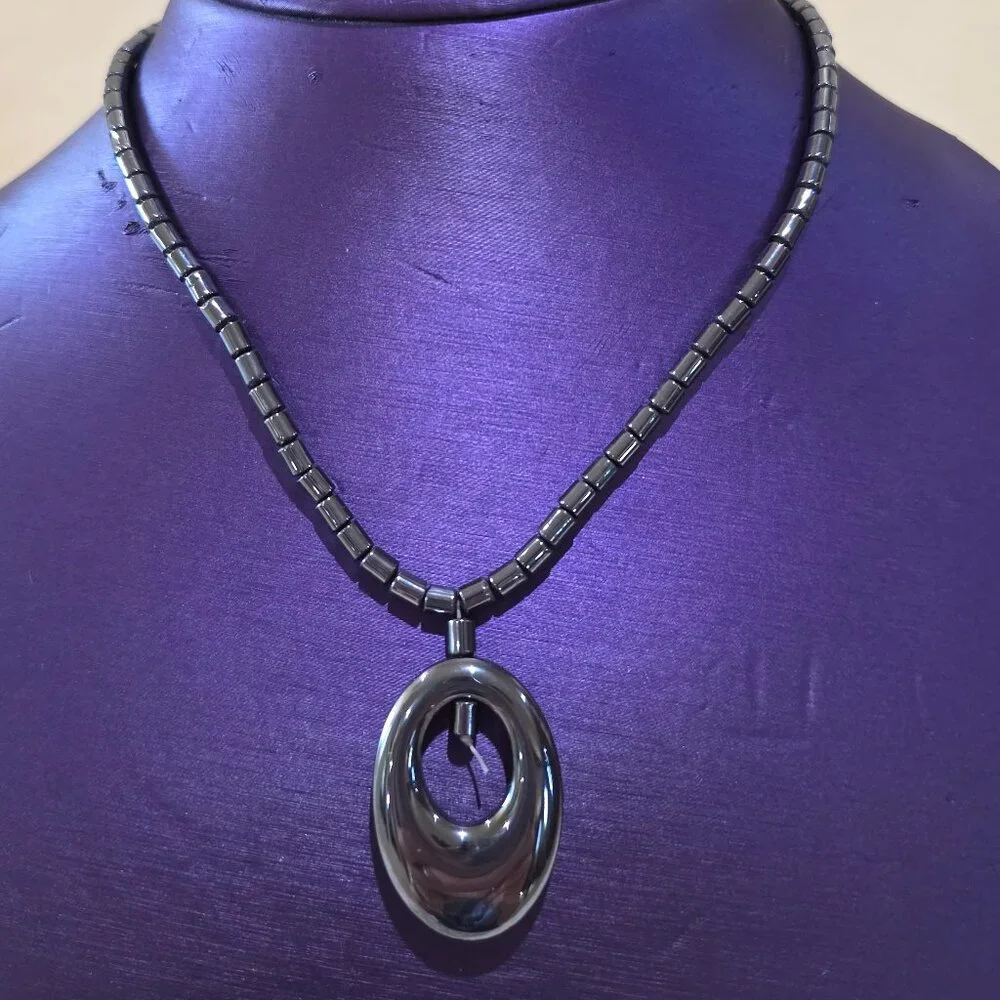 Natural Hematite Gemstone Beaded Oval Pendant Gunmetal Gray Pendant Necklace